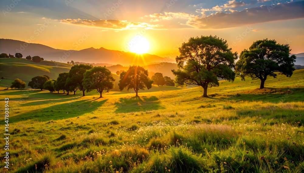 Obraz premium Sunrise over a grassy valley