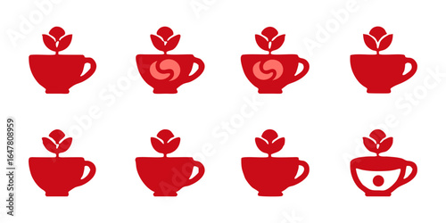 Collection of red tea cup with rose icons isolated on white background representing herbal tea, healthy beverage, and natural wellness for relaxation and refreshment