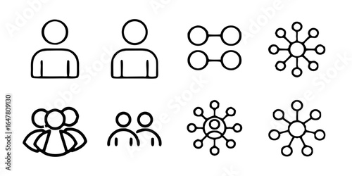 Set of minimalist line art icons depicting groups of people, teams, networks, and social connections isolated on white background for design and creative projects