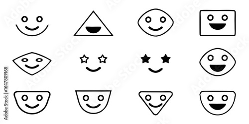 Collection of cute and simple line art emoji faces with geometric shapes isolated on white background for design and creative projects, expressing happy emotions