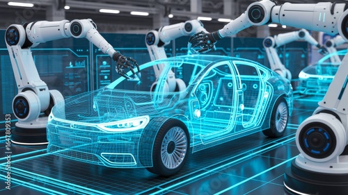 A futuristic car design is being assembled by robotic arms in a high-tech environment, highlighting automation in automotive manufacturing.
