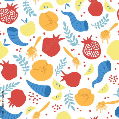 Cheerful and bright seamless pattern with symbols of Jewish New Year, Rosh haShana. Conceptual pattern for main Israeli Holiday with two options - white and transparent background. Shana Tova Umetuka!