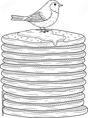 Realistic Illustration of Bird Perched on Textured Pancake Stack with Syrup Drizzle — Whimsical Fusion of Nature and Breakfast Motif in Detailed Black and White Style