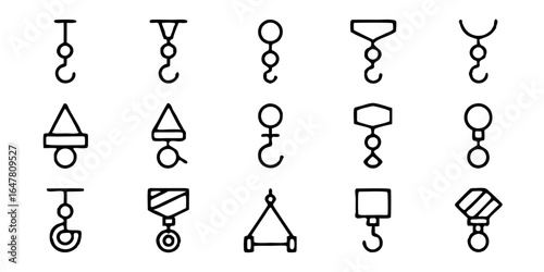 Set of black and white crane hook icons isolated on white background representing lifting equipment for heavy industrial construction and engineering projects in a minimalist style