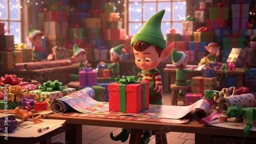 Festive Christmas Elf Workshop Scene with Gift Wrapping and Holiday Cheer showcasing cartoon elves preparing presents in a cozy seasonal setting full of colorful gifts and decorative details