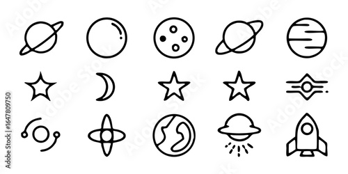 Collection of space icons featuring planets, stars, moons, and celestial objects isolated on white background perfect for astronomy, science, and cosmic exploration projects