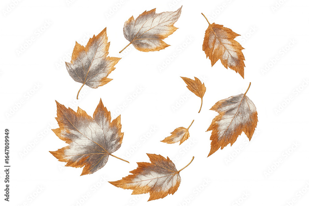 Obraz premium Watercolor painting of autumn leaves rotating on transparent background, creating a circular frame with copy space