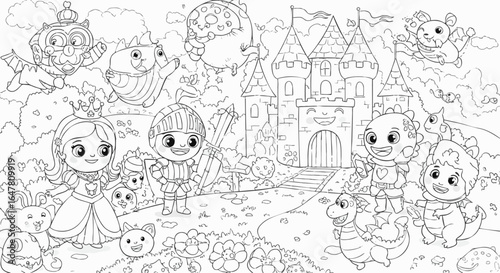 Enchanting fairytale coloring page with a cute princess, knight, friendly dragons, and a magical castle. Vector line art for kids.