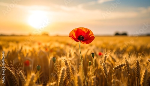 Vivid poppy stands tall amidst golden wheat fields under radiant sunset