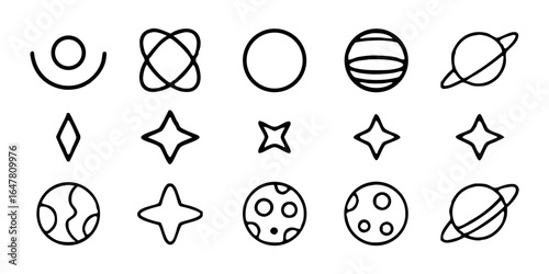 This image displays a grid of minimalist, hand-drawn-style icons, predominantly featuring celestial bodies and abstract shapes. The icons are presented in black outline on a white background, arranged