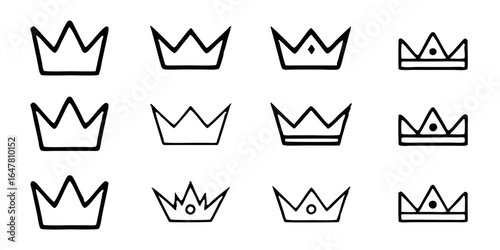 Collection of handdrawn crown icons isolated on white background a set of twelve unique designs depicting royalty, power, and elegance in simple black and white sketches
