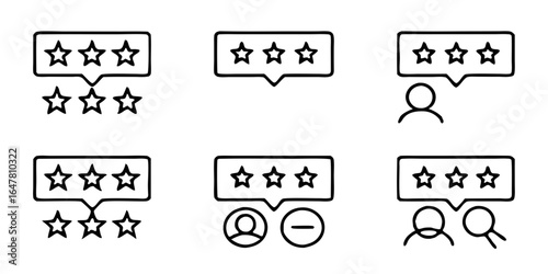 A set of black and white line art icons representing customer feedback, ratings, and reviews, isolated on white background the icons feature stars, speech bubbles, and user interactions