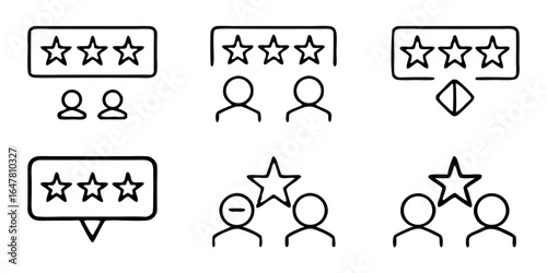 A collection of black and white line art icons depicting customer feedback, ratings, and reviews, isolated on white background the icons feature stars, people, speech bubbles, and arrows