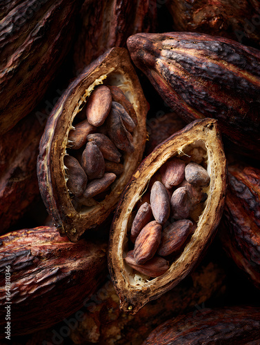 Close up of cacao pods split open revealing rich brown seeds, textured surface, natural organic food ingredient, earthy tones, tropical harvest, rustic background