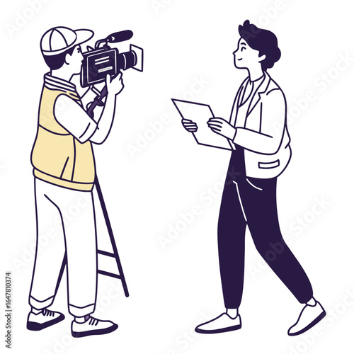 Cameraman recording an interview with a journalist isolated on white background
