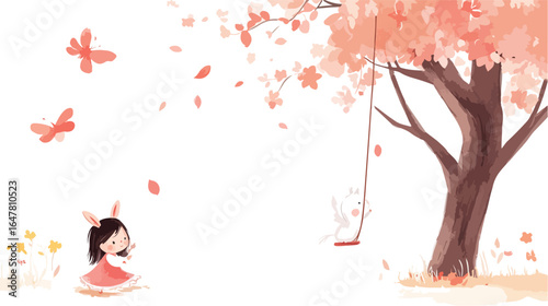 Cute girl with bunny ears and unicorn on swing under cherry tree