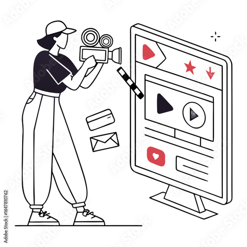Female content creator filming video with camera isolated on white background
