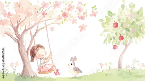 Whimsical watercolor illustration of a young girl on a swing under a blossoming tree with a bird