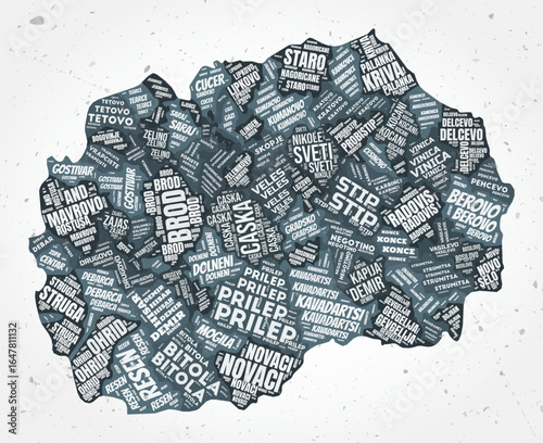 North Macedonia regions word clouds. Country shape on textured background. North Macedonia design in typographic style. Vibrant vector illustration.