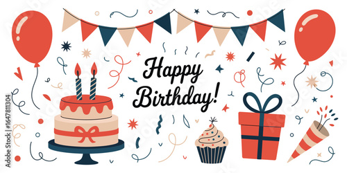 Photography Birthday celebration illustration with cake, candles, balloons, bunting flags, g