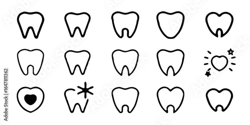 Tooth icons isolated on white background a comprehensive collection of dental health symbols for dentists, hygienists, and oral care professionals, perfect for educational resources