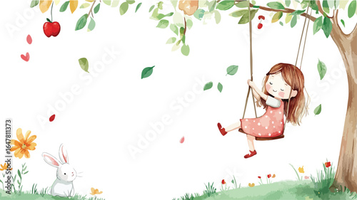 Watercolor Illustration of a Girl on a Swing with Rabbit and Tree