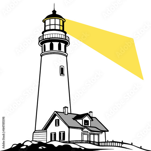 Illustration of a lighthouse with a bright beam of light on white background
