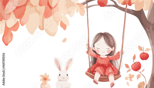 Joyful young girl in red dress swinging happily under autumn tree with apples and cute bunny