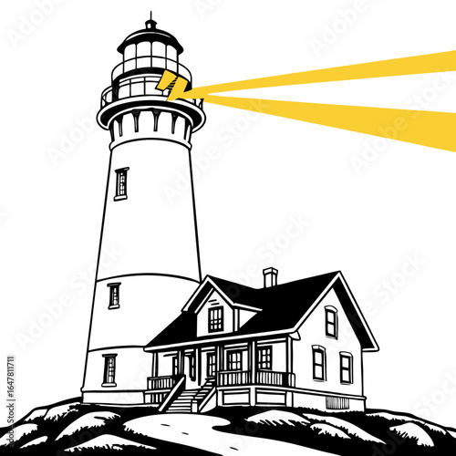 Lighthouse with house isolated on white background is a coastal navigation beacon