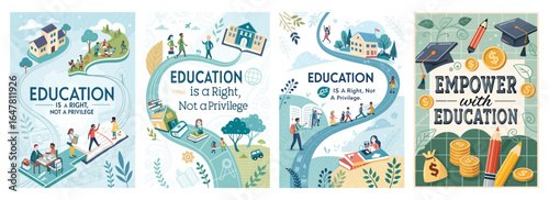 Colorful illustrations promoting education as a fundamental right, showcasing diverse individuals and settings.