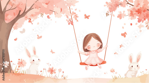 Cute Girl on Swing with Bunnies and Cherry Blossoms Illustration