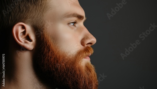 Close-Up Portrait Of A Young Bearded Man In Profile, Showcasing Excellent Beard And Hair. Male Model Poses Close-Up On A Gray Background.