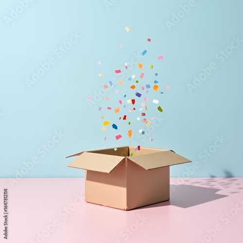  Open box spilling colorful confetti against a soft pastel background, creating a festive atmosphere.