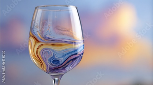 Swirling colors artfully fill a glass, reflecting a blurred sky background