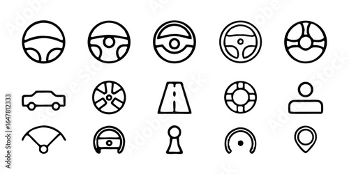 Collection of simple line icons representing various car components and driving elements isolated on white background, suitable for automotive designs and transportationrelated projects