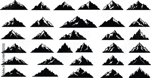 Mountain peak silhouette collection, vector black and white nature design, rocky hill shapes, outdoor adventure icons, alpine summit graphics, landscape illustration