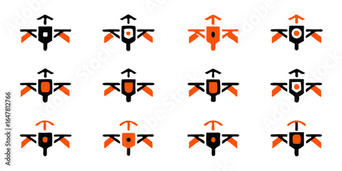 Drone icons in black and orange isolated on white background a collection of aerial vehicle symbols for modern technology, remote control, and innovative applications in various fields