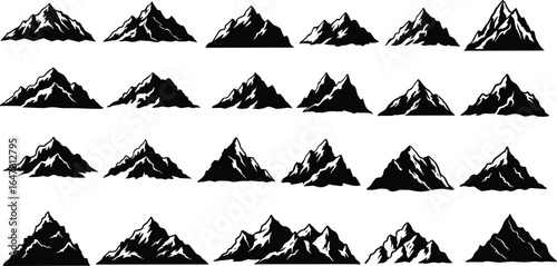 Mountain peak silhouette collection, vector black and white nature design, rocky hill shapes, outdoor adventure icons, alpine summit graphics, landscape illustration