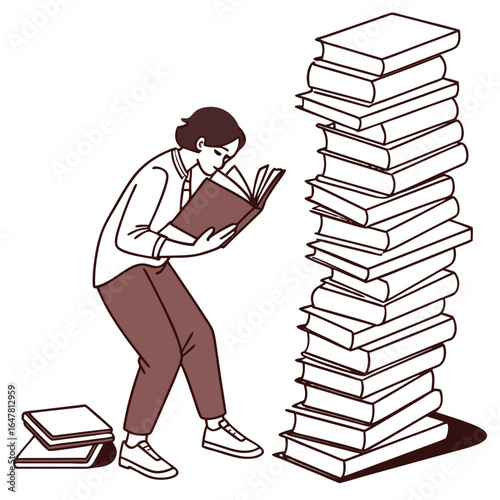 Woman reading book next to stack of books isolated on white background