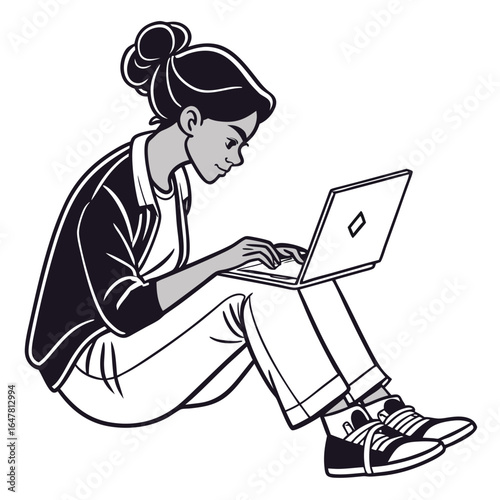 Woman sitting on the floor and typing on a laptop isolated on white background