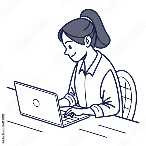 Woman working on laptop at desk isolated on white background