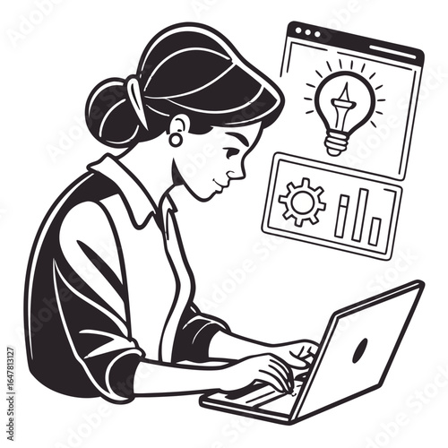 Woman working on laptop with business graphics isolated on white background