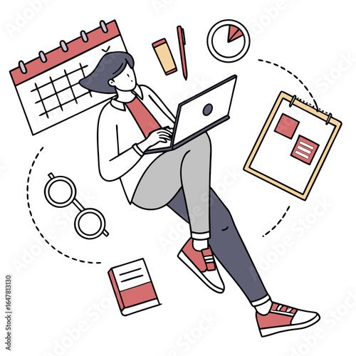 Woman working on laptop with calendar, clipboard and glasses isolated on white background