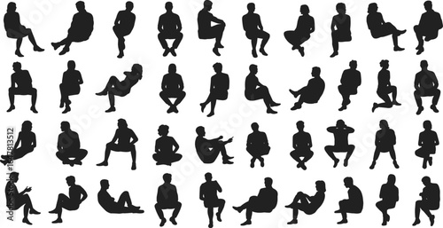 Silhouette collection of people sitting in various poses, black human figure outlines, seated man and woman positions, vector art illustration