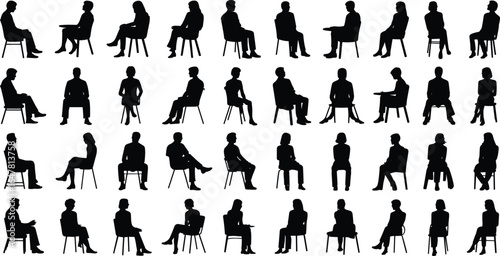 Silhouette collection of people sitting on chairs in various poses, black human figure outlines, seated man and woman vector illustration