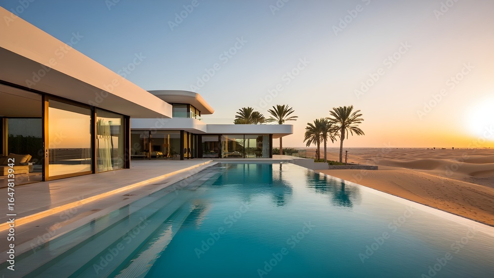 Fototapeta premium Luxury Modern Mansion Infinity Pool Desert Sunset Oasis Palm Trees