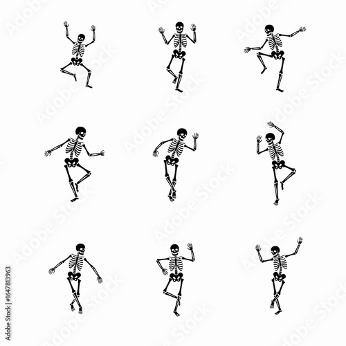black skeletons icon set, dancing poses on isolated white background, goth, punk, emo, halloween
