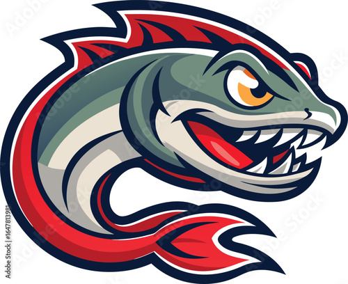 Aggressive fish mascot with sharp teeth and fierce expression