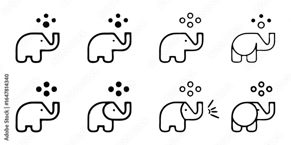 Fototapeta premium This image displays eight minimalist line drawings of elephants, arranged in two rows of four. Each elephant is depicted with its trunk raised, spraying a cluster of four small circles, suggesting wat