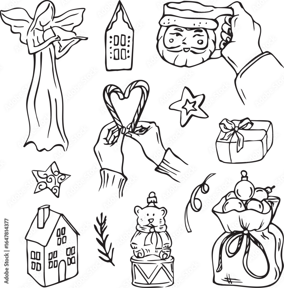 Obraz premium Set of christmas vector doodles. Black outline sketches on white background